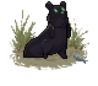 Pixel art of a fat black slugcat with green eyes. Its tail is barely darker than the rest of it.